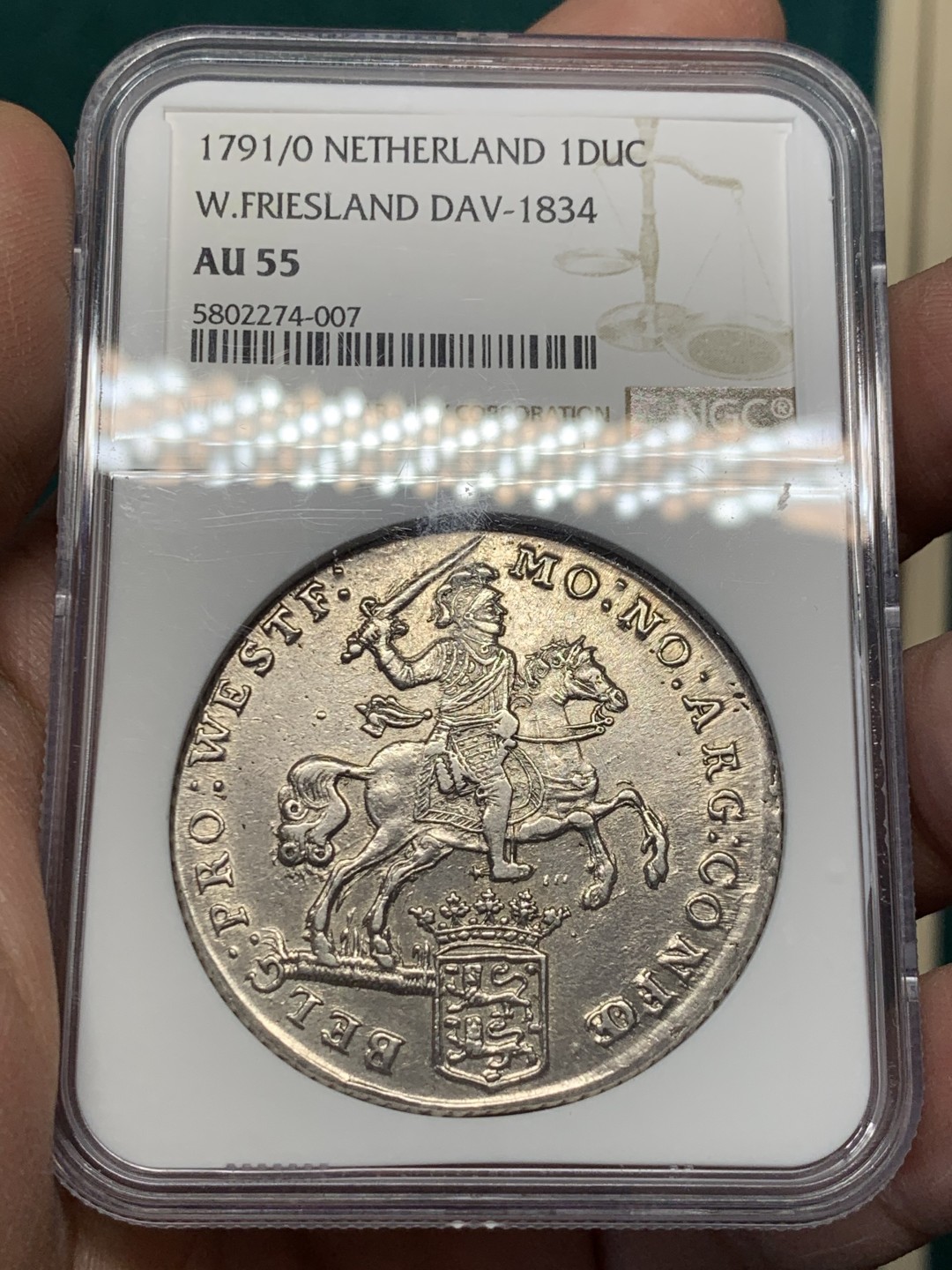 《竞宝斋》第146场-周日，周一 2场 (全场包邮) 1791/0 荷兰骑字版大马剑，NGC AU55JBZ100期同版同分，22年成交15800元，此枚深打银霜正反面状态都极好