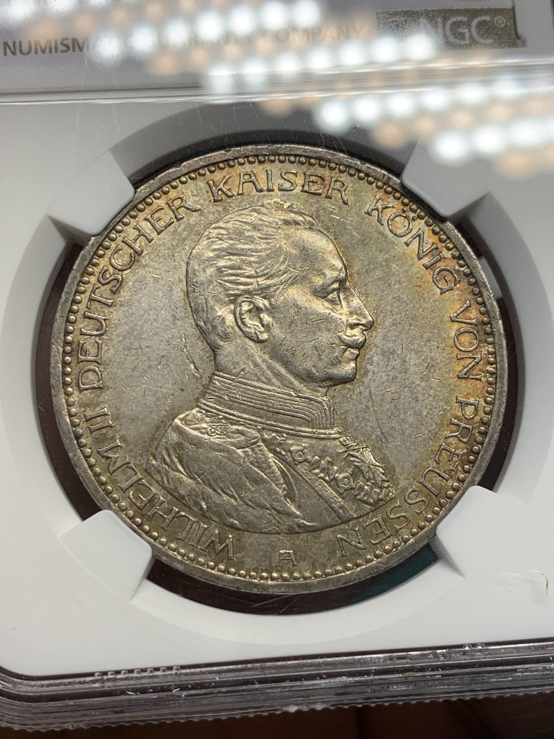 《竞宝斋》第146场-周日，周一 2场 (全场包邮) NGC-MS62 德国 1913年 普鲁士军装5马克银币 带包浆的能拿这个分不容易，味道不是白币能比的