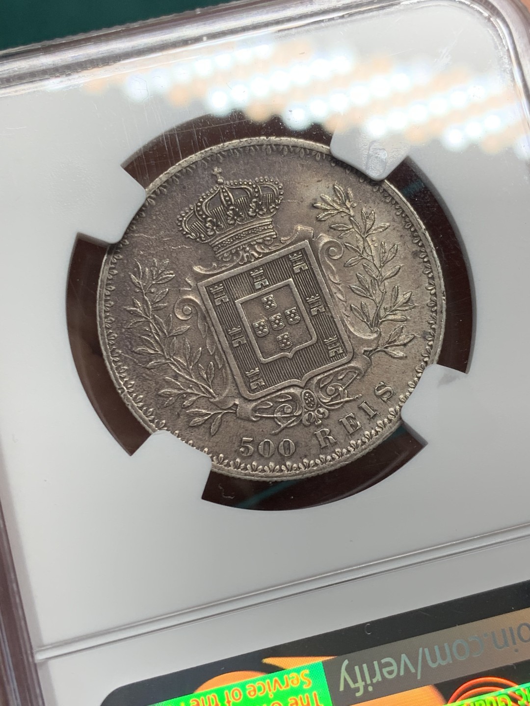 《竞宝斋》第146场-周日，周一 2场 (全场包邮) NGC AU 1891 葡萄牙500里斯银币，双面玫瑰色包浆，很漂亮