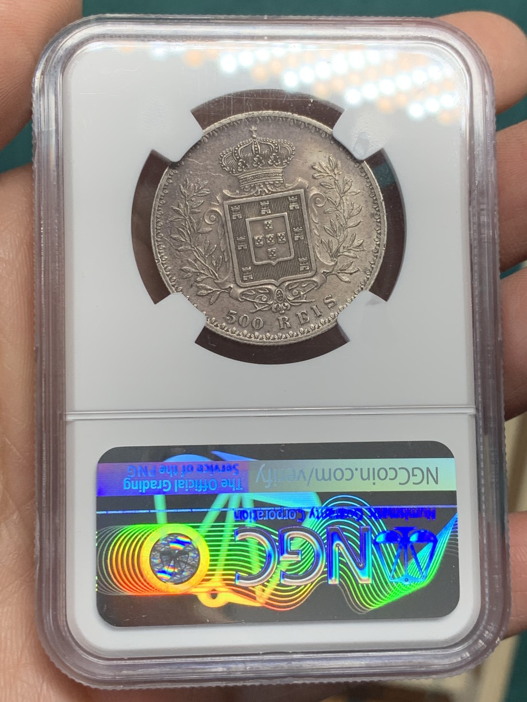 《竞宝斋》第146场-周日，周一 2场 (全场包邮) NGC AU 1891 葡萄牙500里斯银币，双面玫瑰色包浆，很漂亮