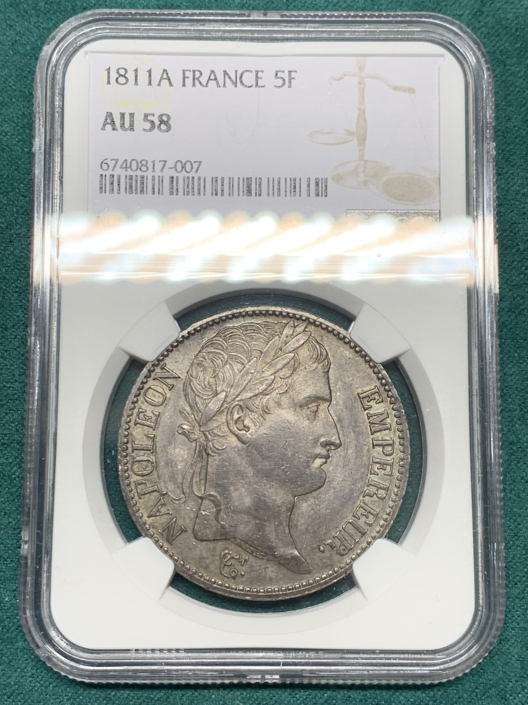 《竞宝斋》第146场-周日，周一 2场 (全场包邮) NGC-AU58 法国1811年拿破仑一世5法郎银币 原味包浆 好味道
