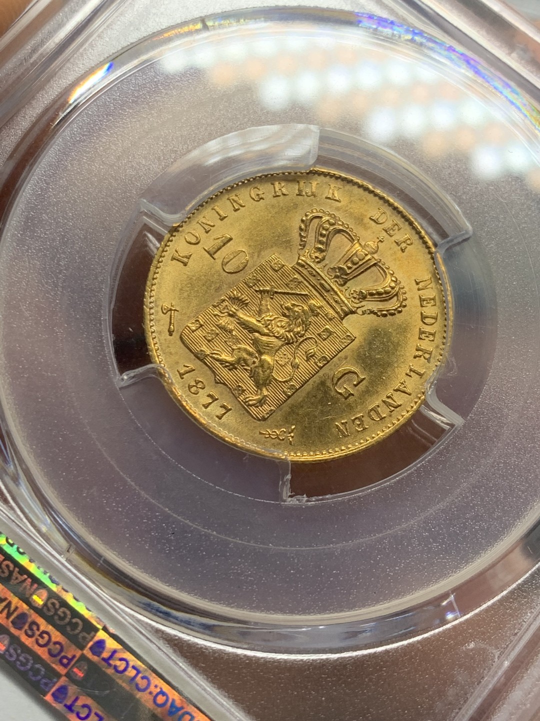 《竞宝斋》第146场-周日，周一 2场 (全场包邮) PCGS-MS63 荷兰王国 尼德兰荷兰 1877年 威廉二世 10盾金币，转光明显 性价比高的好品金币