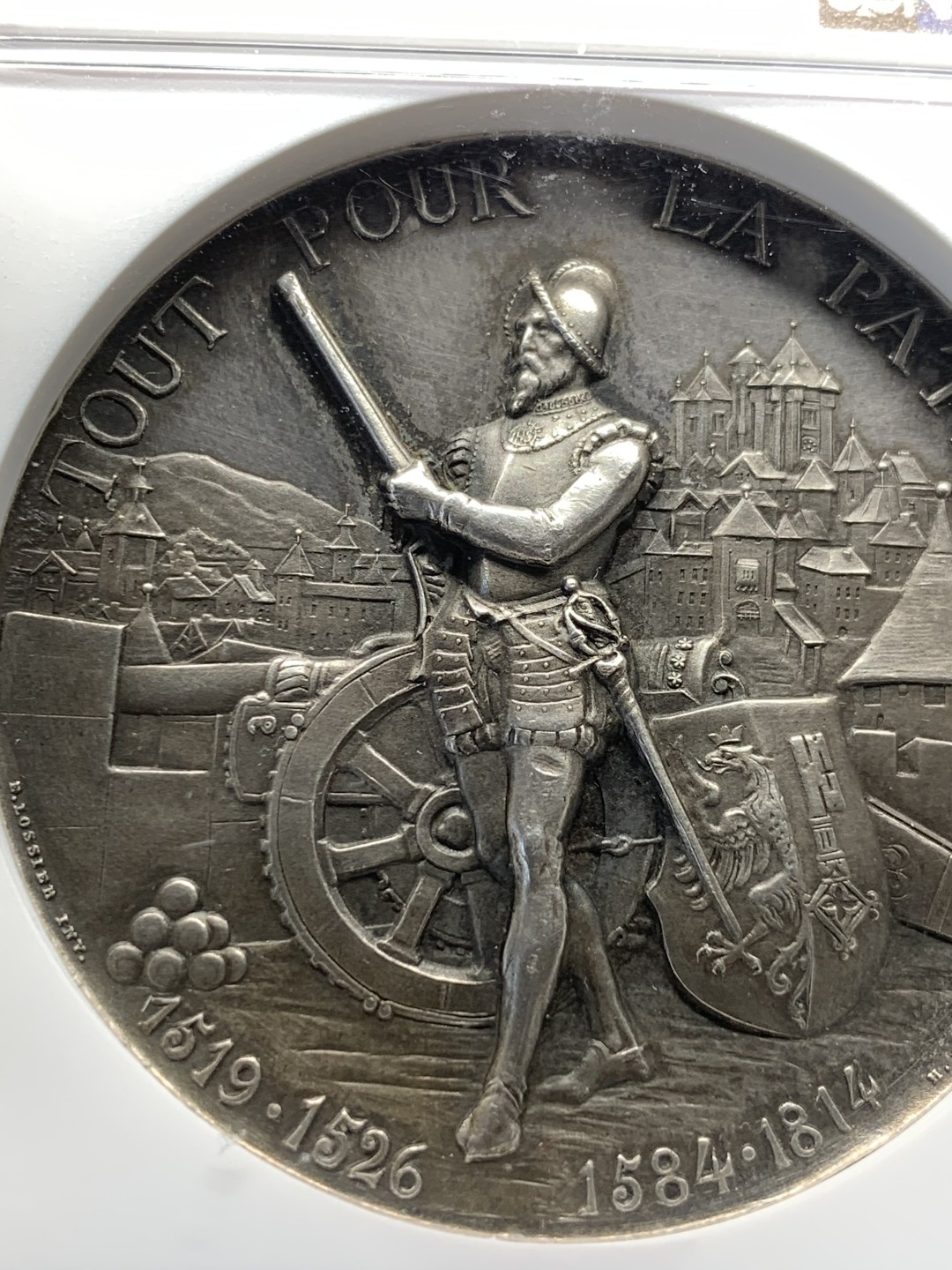 《竞宝斋》第146场-周日，周一 2场 (全场包邮) NGC-MS63 瑞士 1887年 日内瓦射击节 银章 人像立体高浮雕工艺