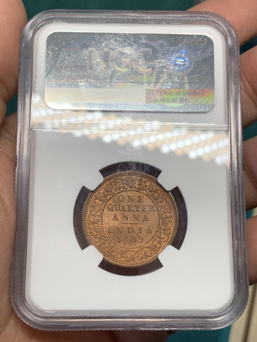 《竞宝斋》第146场-周日，周一 2场 (全场包邮) NGC MS64RB 印度 1889年C版 维多利亚女王1/4安娜好品相高分铜币难得