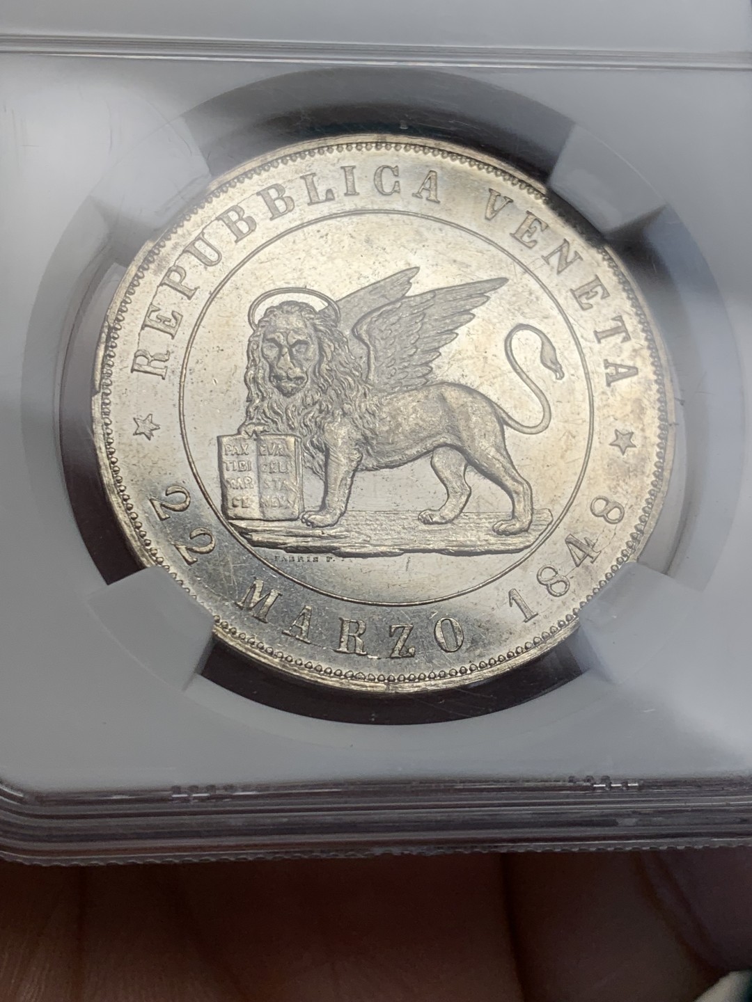 《竞宝斋》第146场-周日，周一 2场 (全场包邮) 亚军分！NGC-MS63PL 意大利威尼斯1848年飞狮5里拉大银 镜面prooflike，NGC一共只评出5枚