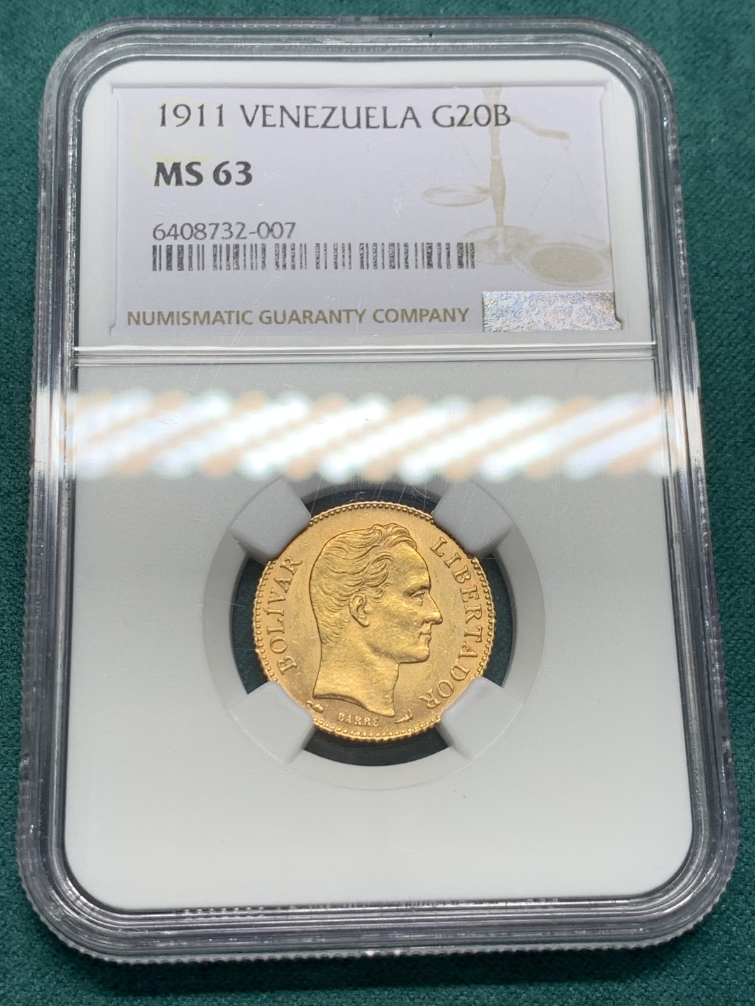 《竞宝斋》第146场-周日，周一 2场 (全场包邮) NGC-MS63 委内瑞拉1911年 20玻利瓦尔金币 顶级品相