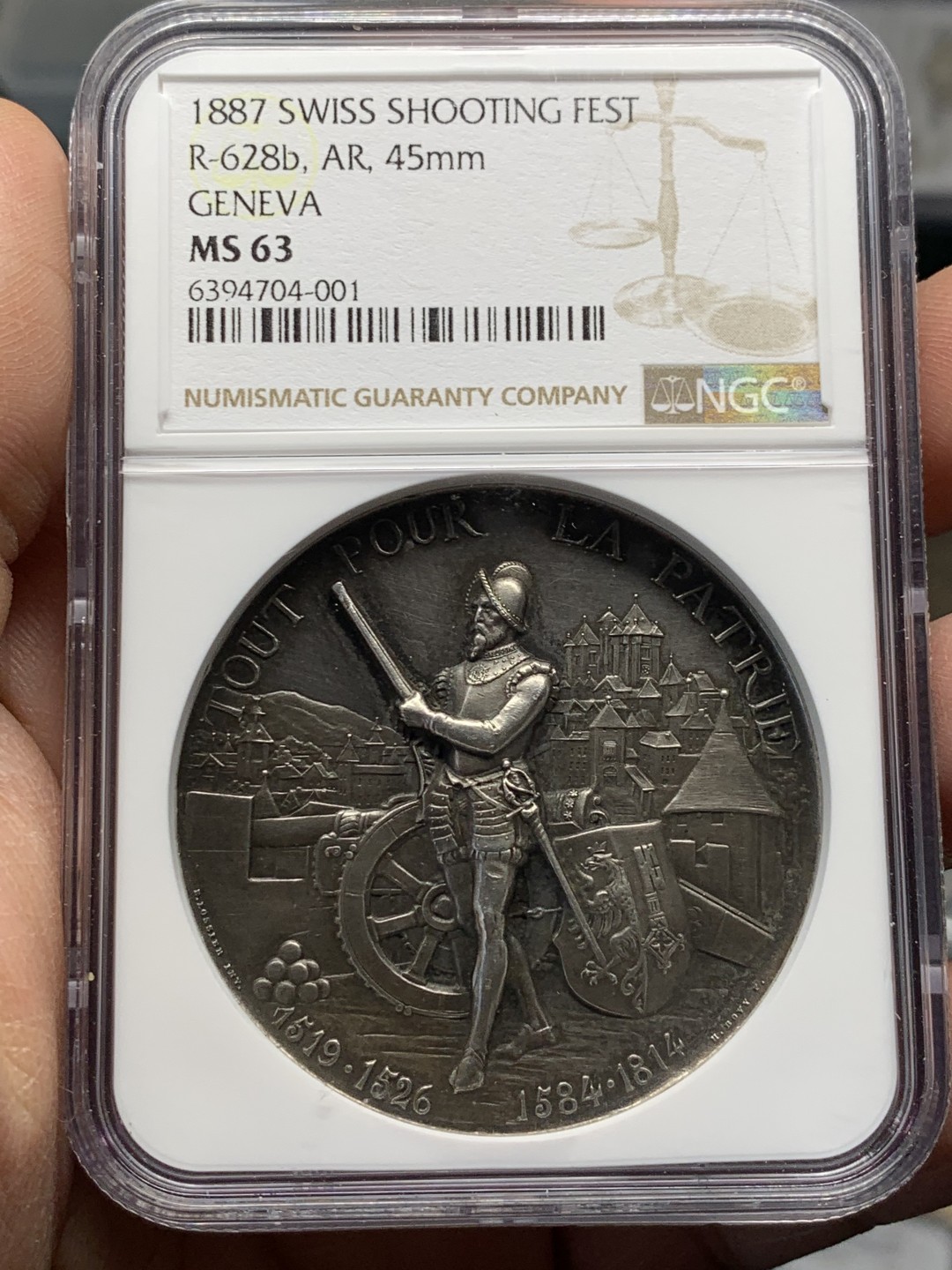 《竞宝斋》第146场-周日，周一 2场 (全场包邮) NGC-MS63 瑞士 1887年 日内瓦射击节 银章 人像立体高浮雕工艺