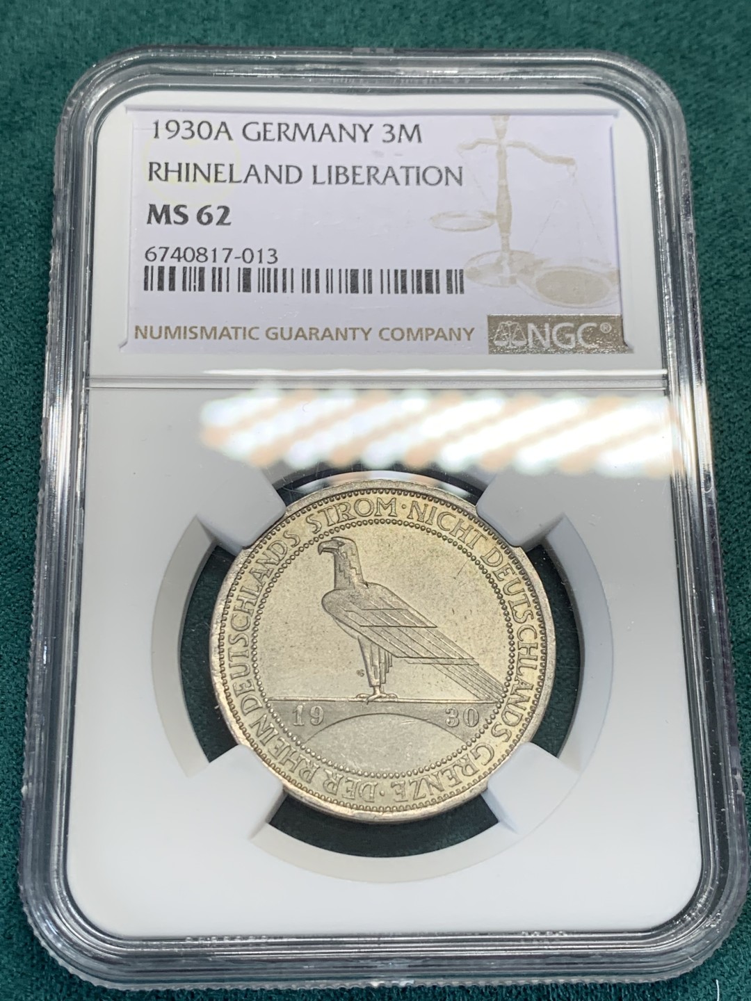 《竞宝斋》第146场-周日，周一 2场 (全场包邮) NGC-MS62 魏玛德国1930年莱茵解放 鹰桥3马克纪念银币 略低评