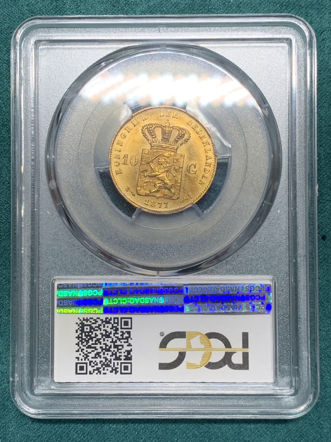 《竞宝斋》第146场-周日，周一 2场 (全场包邮) PCGS-MS63 荷兰王国 尼德兰荷兰 1877年 威廉二世 10盾金币，转光明显 性价比高的好品金币