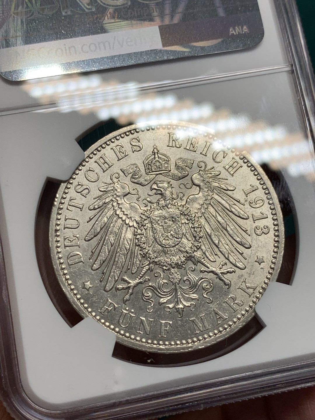 《竞宝斋》第146场-周日，周一 2场 (全场包邮) NGC-AU58 德国汉堡1913年 双狮盾牌 5马克大银币 原光好品