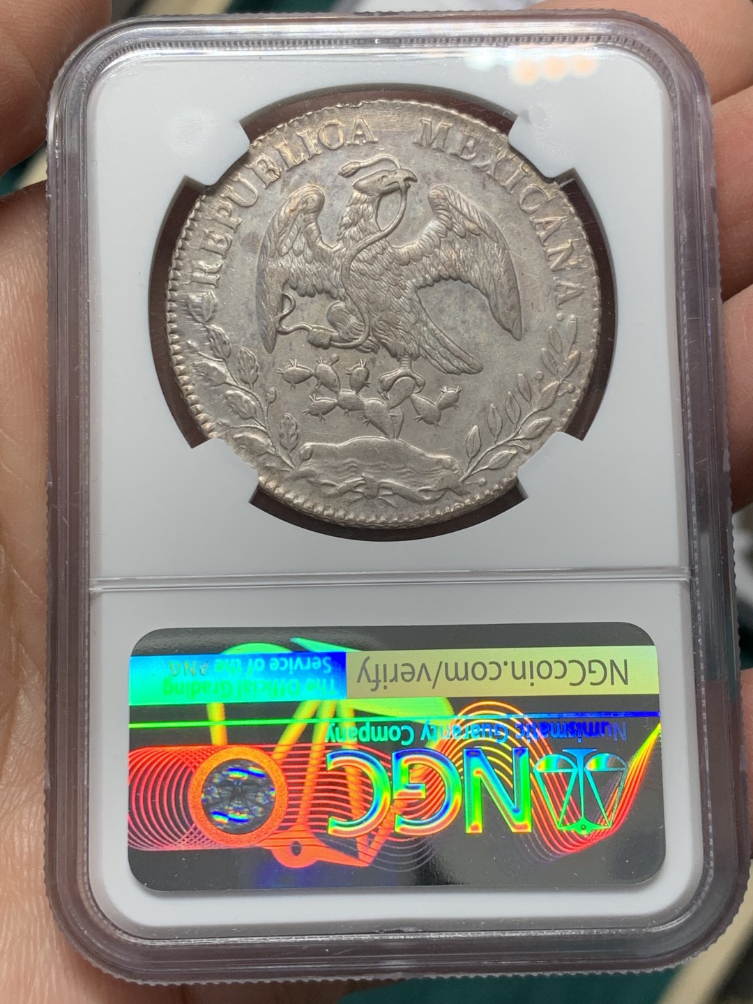 《竞宝斋》第146场-周日，周一 2场 (全场包邮) NGC AU 墨西哥 1881年 8R 花边鹰洋 PL底板 羽毛好 可惜有划