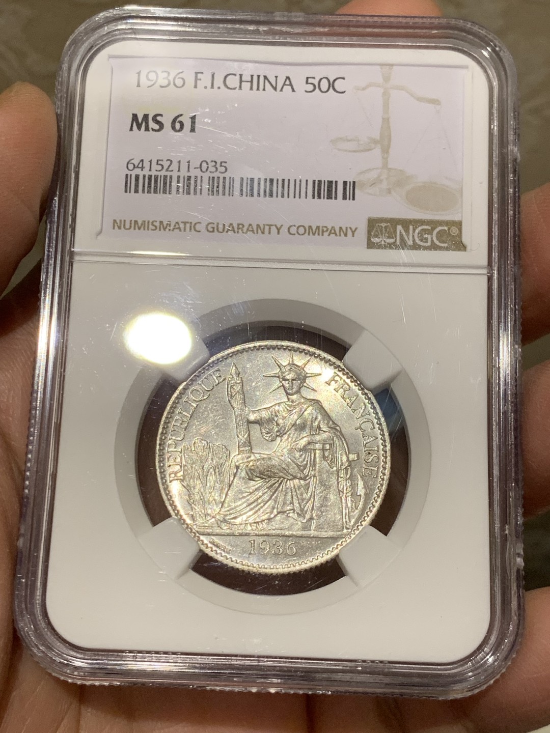 《竞宝斋》第146场-周日，周一 2场 (全场包邮) NGC MS61 1936年法属印支坐洋50分 银币 暴光品质 低评