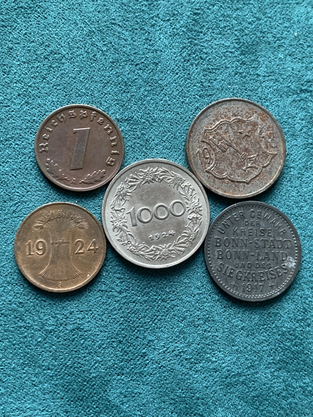 《竞宝斋》第146场-周日，周一 2场 (全场包邮) 德国+奥地利5枚不多见的品种德紧10芬尼2枚+魏玛1芬尼+德三1芬尼+奥地利1924年1000格罗申