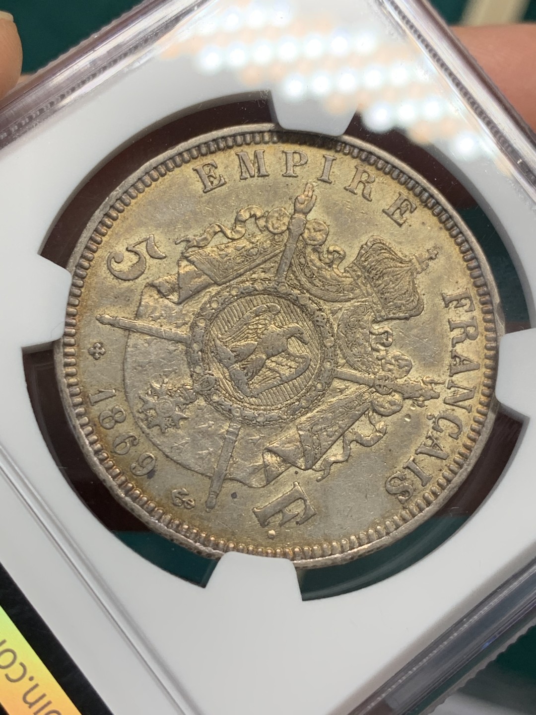 《竞宝斋》第146场-周日，周一 2场 (全场包邮) NGC-AU58 法国1869-BB年 拿破仑三世 5法郎大银币 五彩包浆 非常漂亮