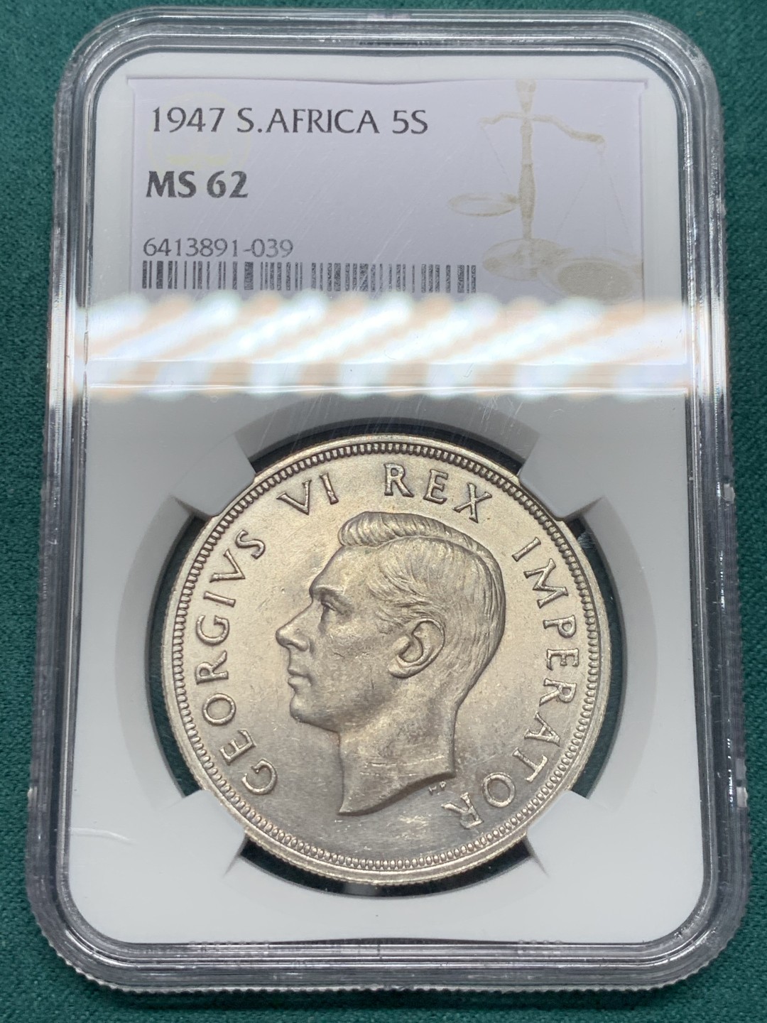 《竞宝斋》第146场-周日，周一 2场 (全场包邮) NGC-MS62 南非1947年 乔六5先令高银大银币 低评