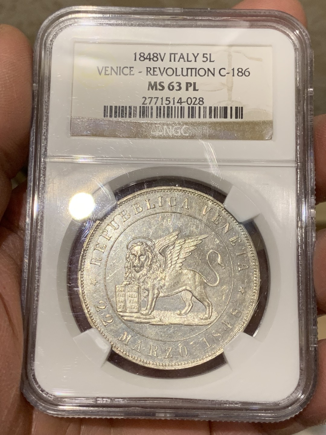 《竞宝斋》第146场-周日，周一 2场 (全场包邮) 亚军分！NGC-MS63PL 意大利威尼斯1848年飞狮5里拉大银 镜面prooflike，NGC一共只评出5枚