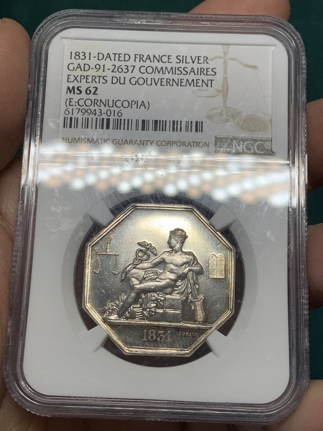 《竞宝斋》第146场-周日，周一 2场 (全场包邮) NGC-MS62 法国 1831 墨丘利 JETON 银质八角代币 原光低评 状态好