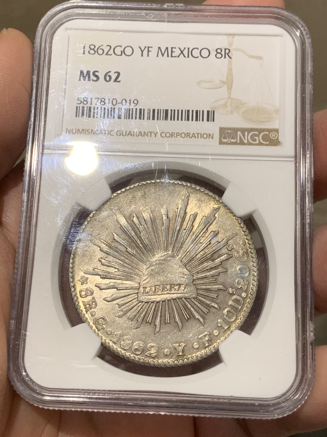 《竞宝斋》第146场-周日，周一 2场 (全场包邮) NGC MS62 墨西哥 1862年 中期 花边鹰洋 五彩光度好