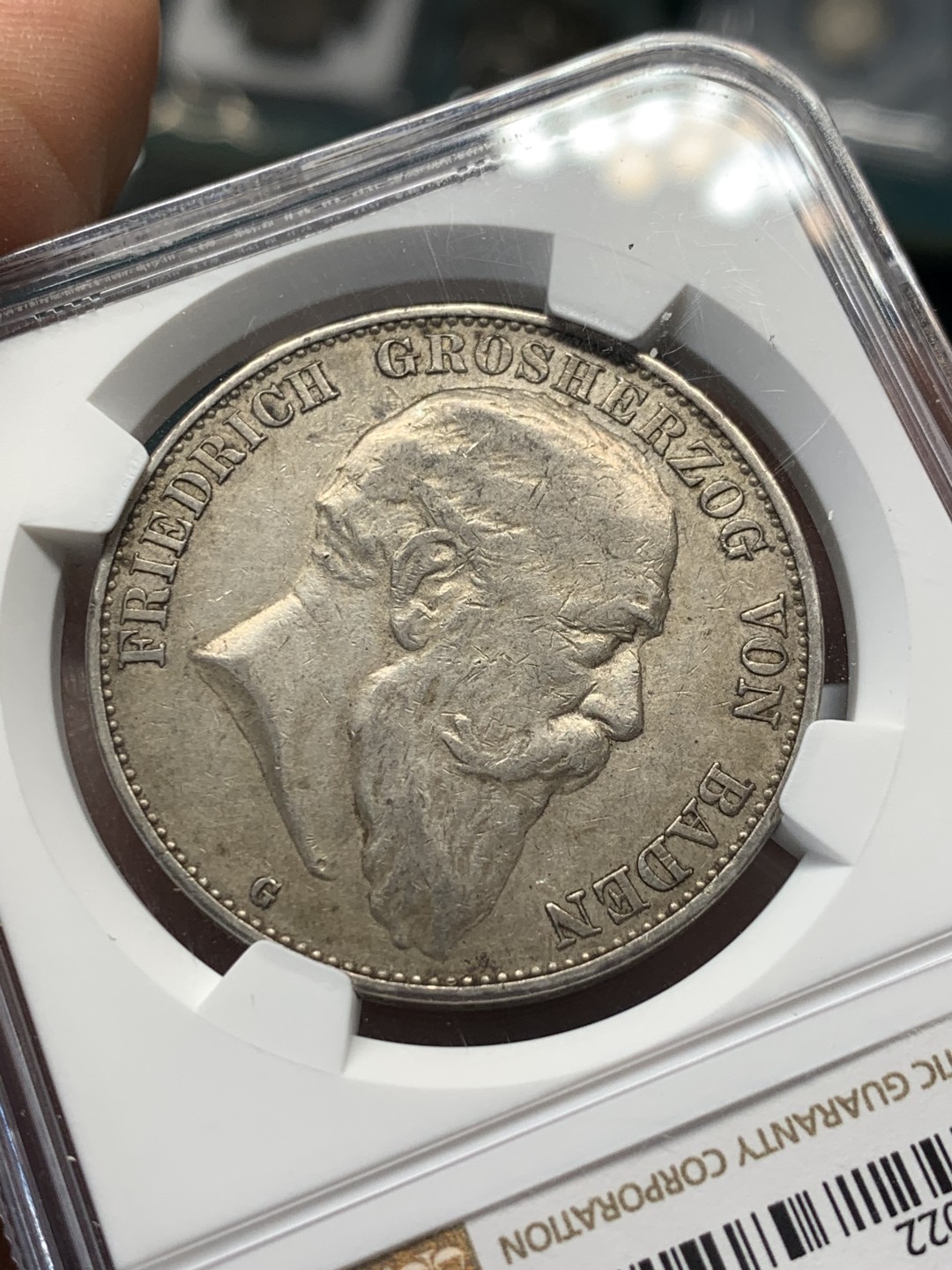 《竞宝斋》第146场-周日，周一 2场 (全场包邮) NGC评级AU55分，1903年德国巴登5马克银币，流通币充分品种，N盒更高分只有7枚。