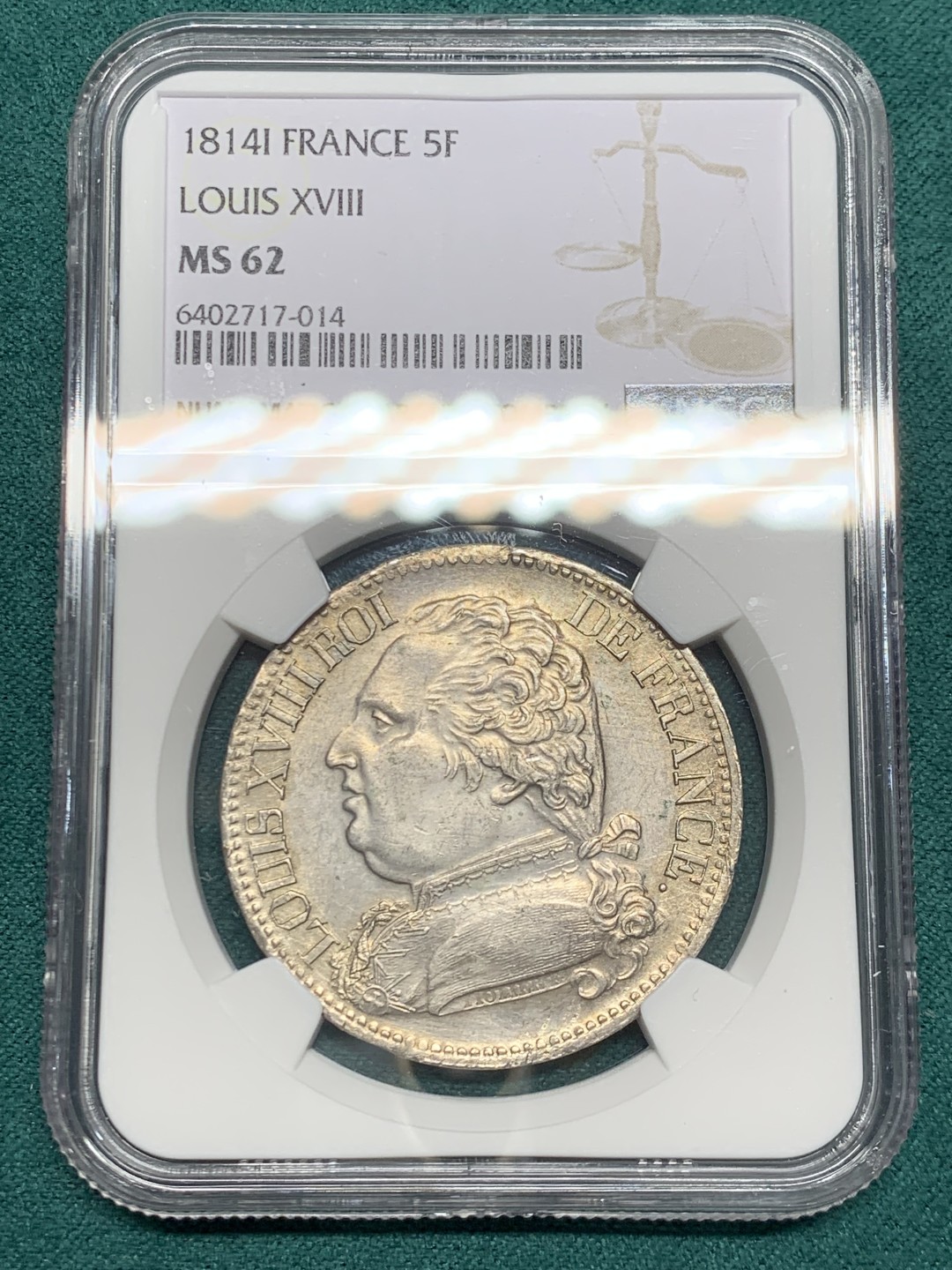 《竞宝斋》第146场-周日，周一 2场 (全场包邮) NGC MS62 法国 1814年I版 路易十八 戎装版 5法郎银币 只有铸造了两年 极少品种