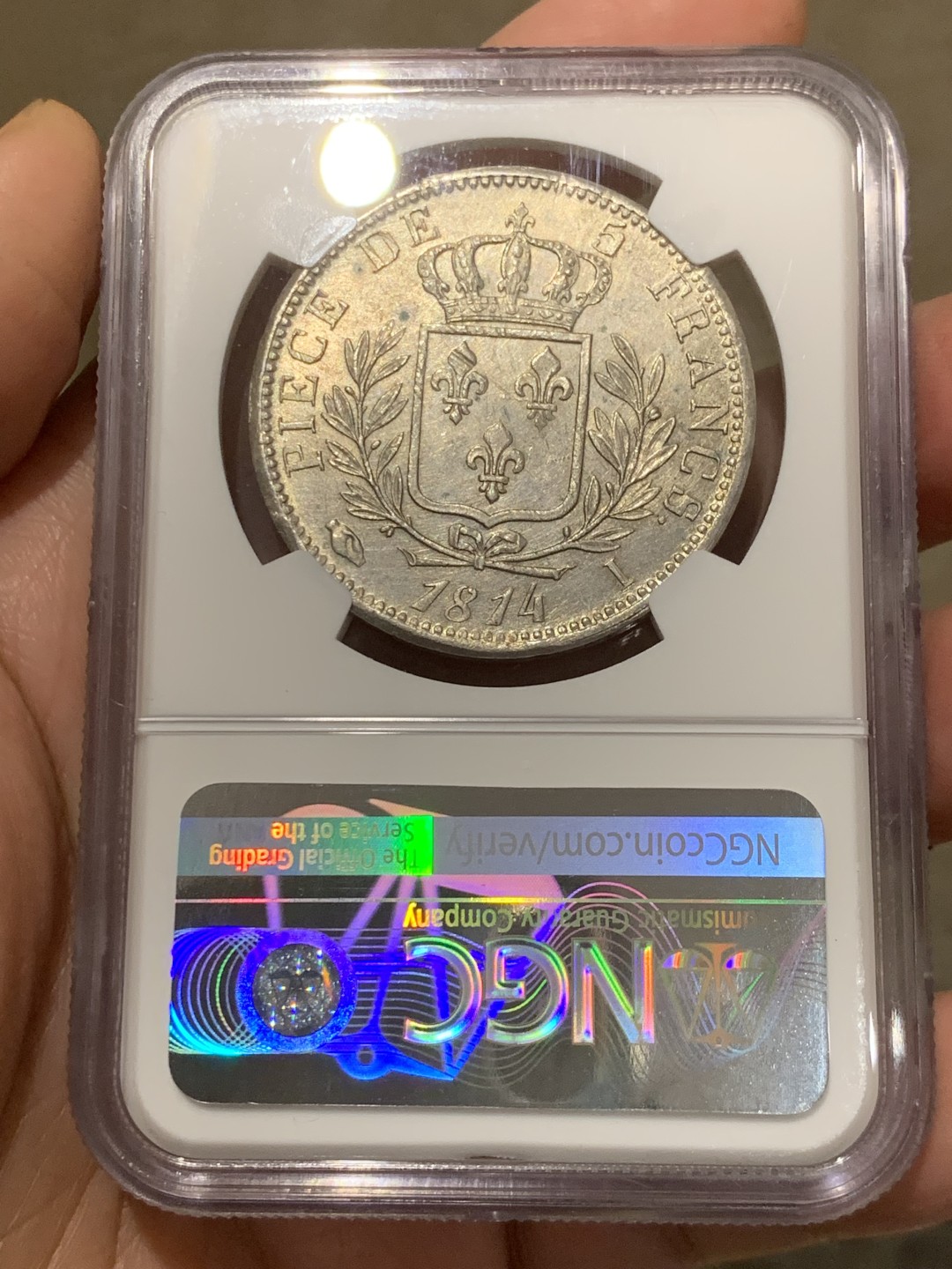 《竞宝斋》第146场-周日，周一 2场 (全场包邮) NGC MS62 法国 1814年I版 路易十八 戎装版 5法郎银币 只有铸造了两年 极少品种