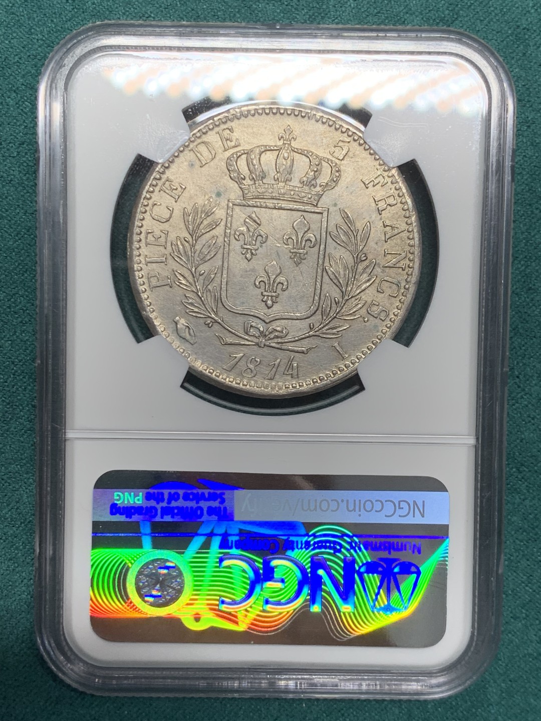 《竞宝斋》第146场-周日，周一 2场 (全场包邮) NGC MS62 法国 1814年I版 路易十八 戎装版 5法郎银币 只有铸造了两年 极少品种