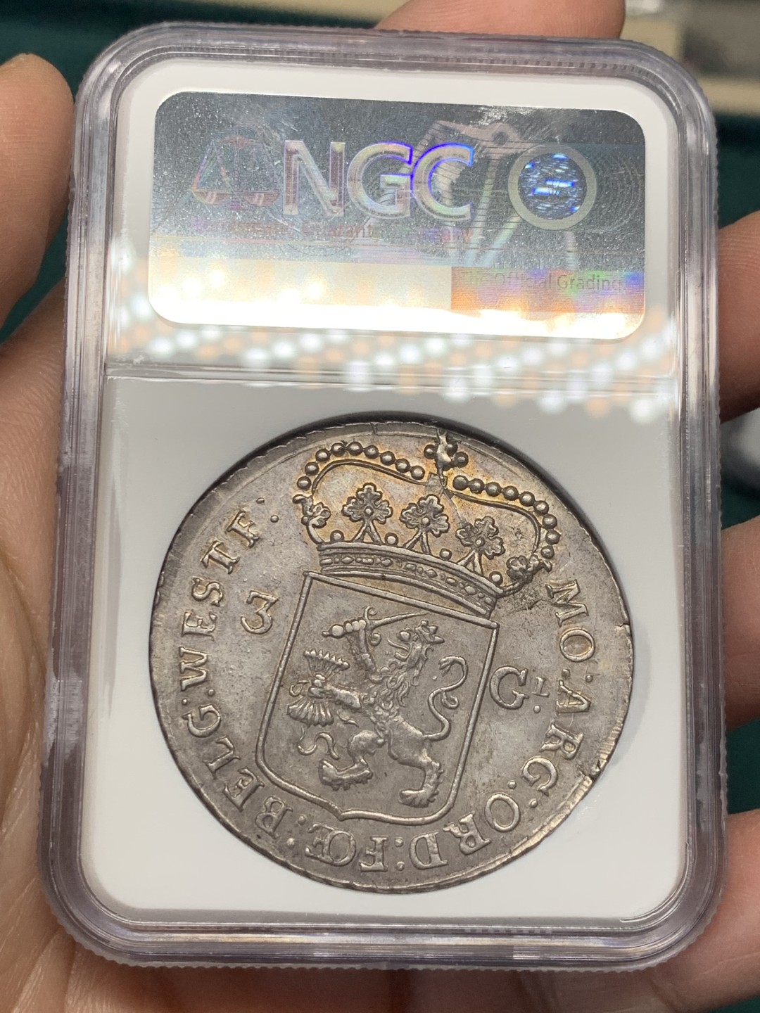 《竞宝斋》第146场-周日，周一 2场 (全场包邮) NGC-AU58 荷兰西弗里斯省1792年3盾大银币 原味包浆 好味道