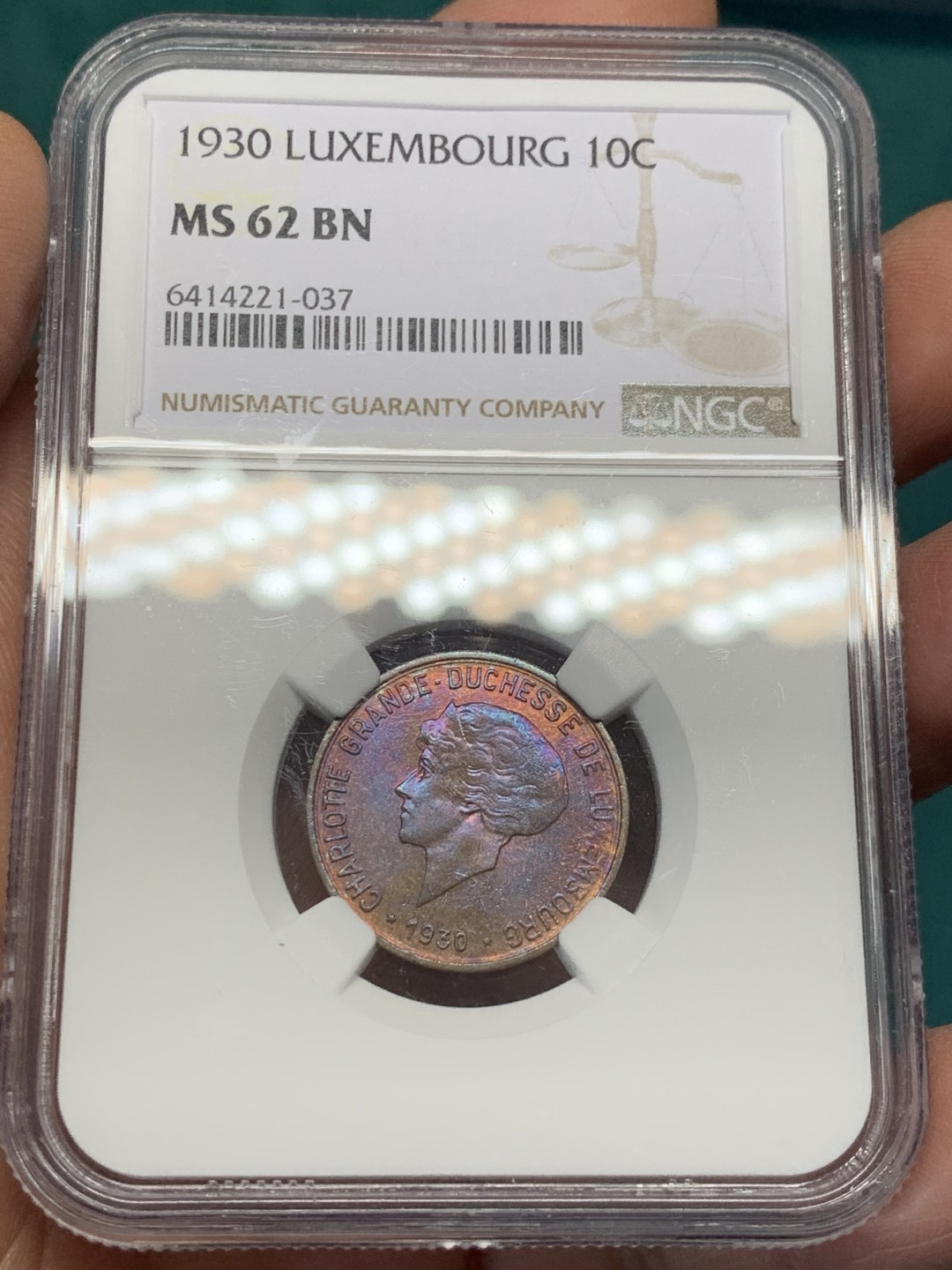 《竞宝斋》第146场-周日，周一 2场 (全场包邮) NGC MS62BN 卢森堡1930年10分铜币，淡彩色包浆