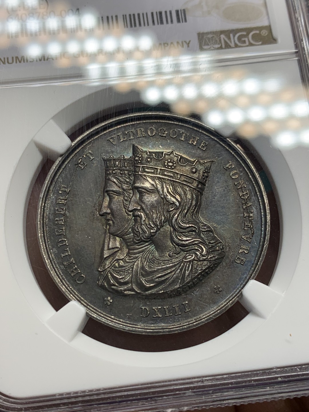 《竞宝斋》第146场-周日，周一 2场 (全场包邮) NGC-MS62 法国1845年 双皇头像 JETON银制 高浮雕 经典传世黑包浆 非常难得