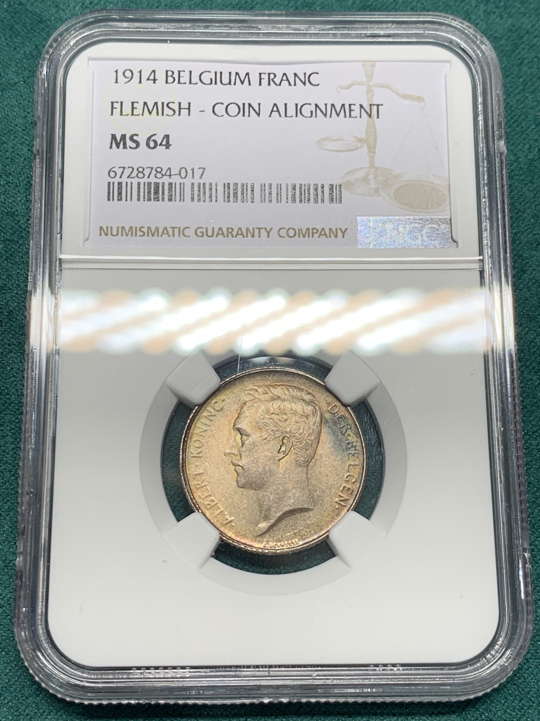 《竞宝斋》第146场-周日，周一 2场 (全场包邮) NGC-MS64 比利时1914年阿尔贝托国王 1法郎银币 五彩包浆非常漂亮