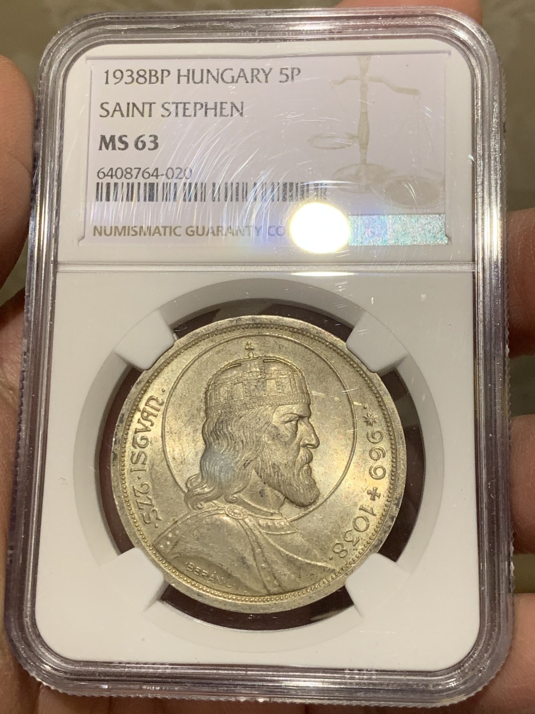 《竞宝斋》第146场-周日，周一 2场 (全场包邮) NGC-MS63 匈牙利1938年 史蒂芬5潘果大银币 暴涨品种