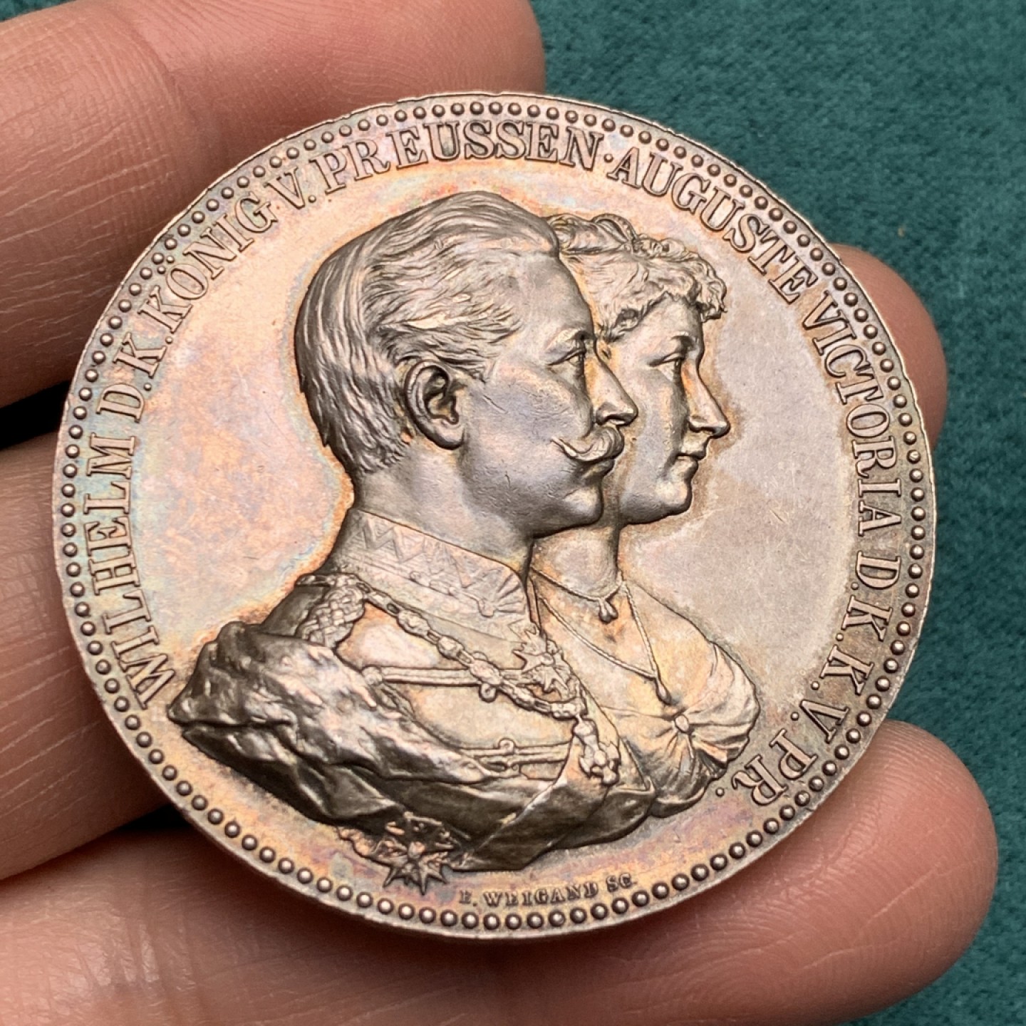 《竞宝斋》第146场-周日，周一 2场 (全场包邮) 德国 1918 威廉二世银婚纪念银章 46mm 50.8克 五彩包浆