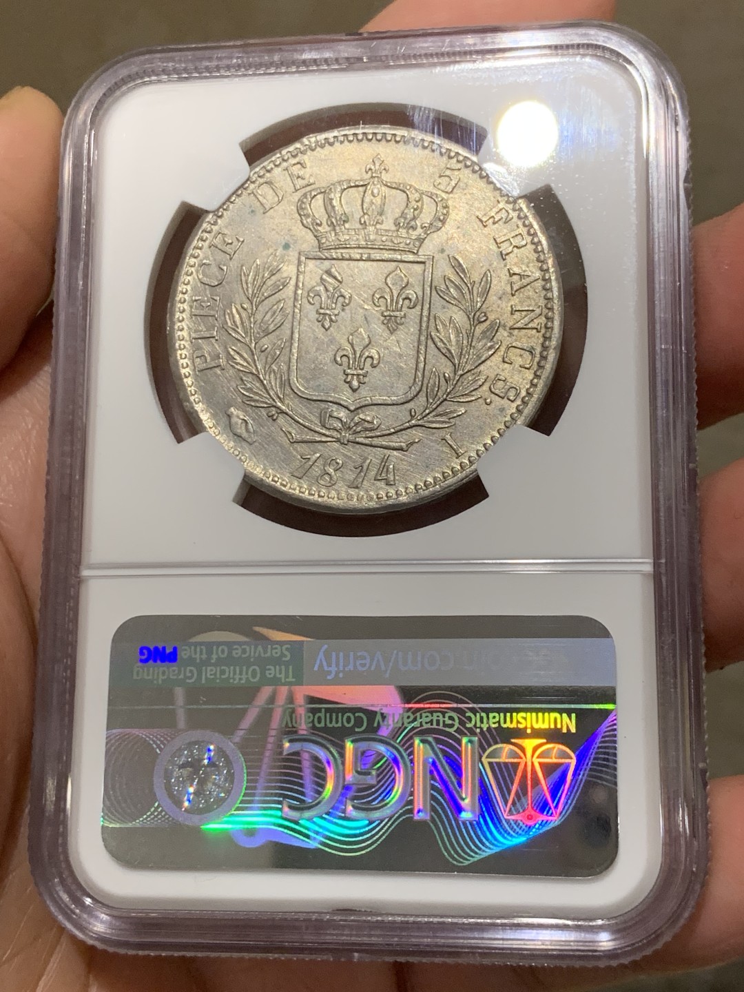 《竞宝斋》第146场-周日，周一 2场 (全场包邮) NGC MS62 法国 1814年I版 路易十八 戎装版 5法郎银币 只有铸造了两年 极少品种
