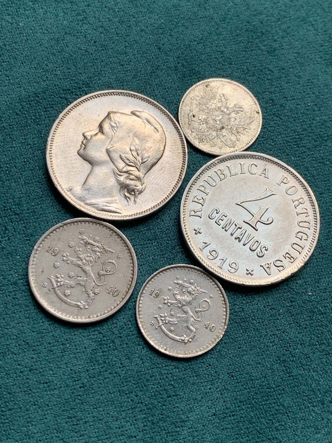 《竞宝斋》第146场-周日，周一 2场 (全场包邮) 葡萄牙1917/1919 20分镍币各一枚+芬兰1940年 25分 50分芬尼+ 俄占芬兰1917年 25芬尼