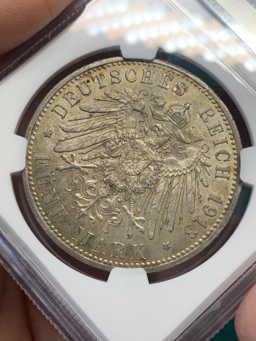 《竞宝斋》第146场-周日，周一 2场 (全场包邮) NGC-MS62 德国 1913年 普鲁士军装5马克银币 带包浆的能拿这个分不容易，味道不是白币能比的