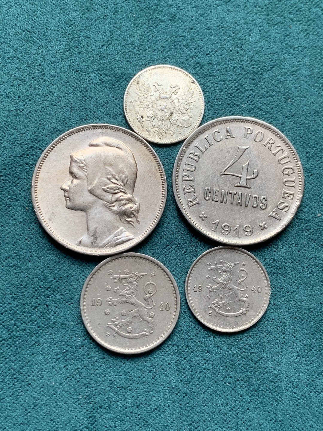 《竞宝斋》第146场-周日，周一 2场 (全场包邮) 葡萄牙1917/1919 20分镍币各一枚+芬兰1940年 25分 50分芬尼+ 俄占芬兰1917年 25芬尼