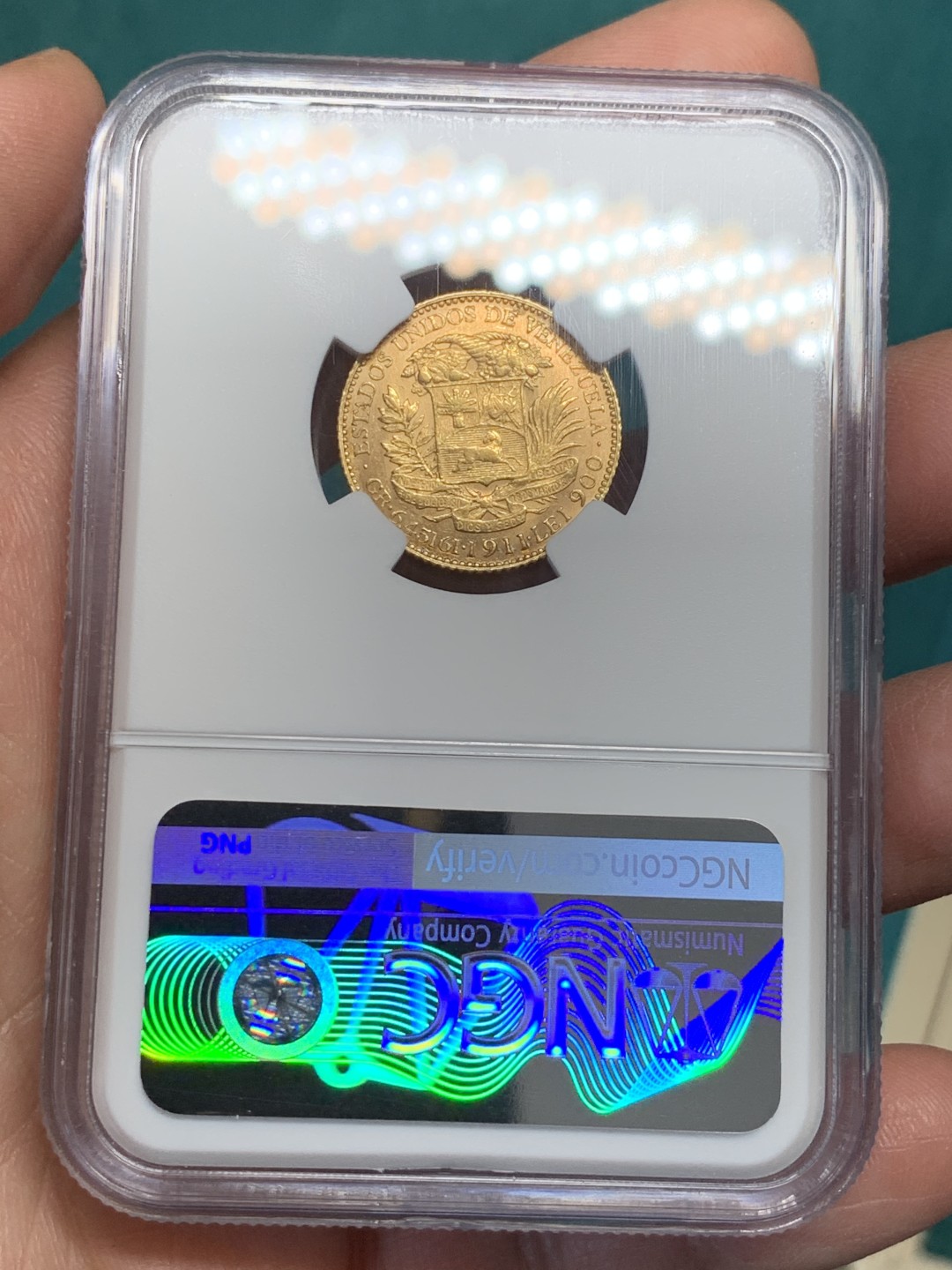 《竞宝斋》第146场-周日，周一 2场 (全场包邮) NGC-MS63 委内瑞拉1911年 20玻利瓦尔金币 顶级品相