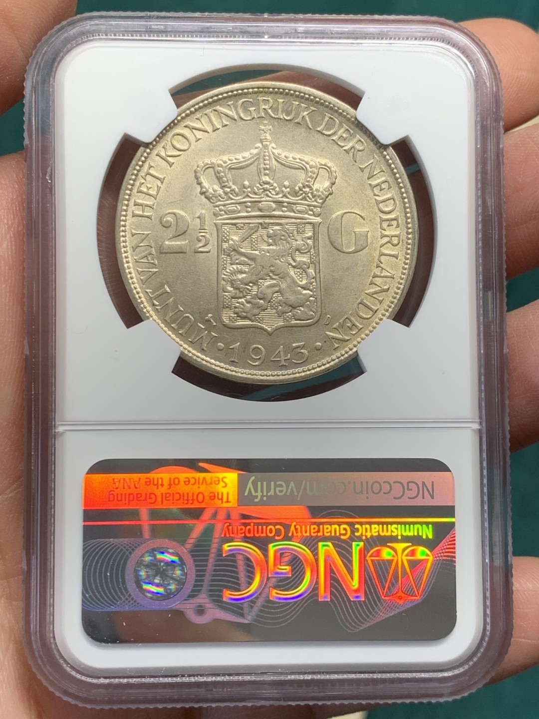 《竞宝斋》第146场-周日，周一 2场 (全场包邮) NGC-MS62 荷属东印度殖民地 1943年 女王威廉米娜2.5盾大银币 原光好品