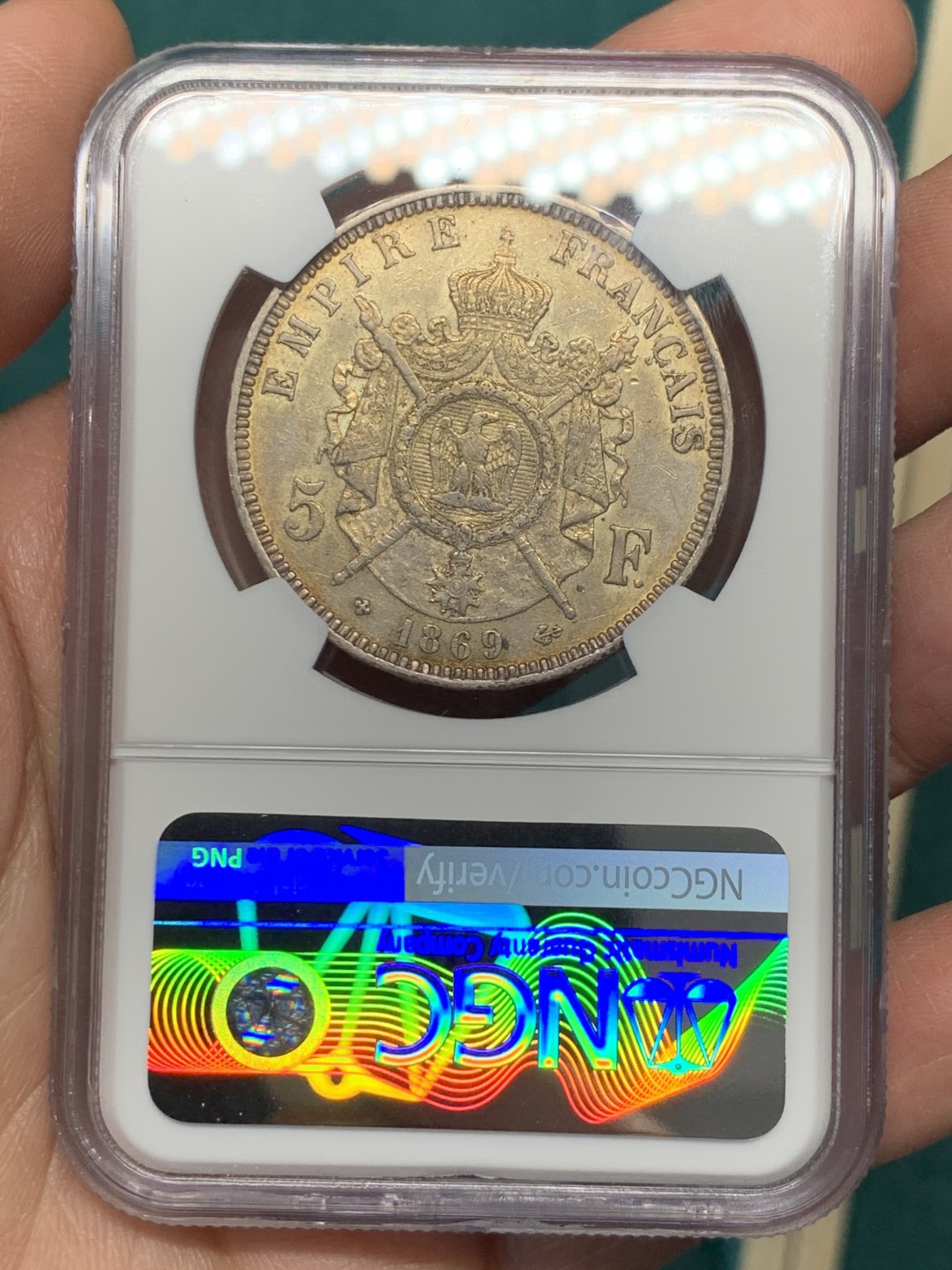 《竞宝斋》第146场-周日，周一 2场 (全场包邮) NGC-AU58 法国1869-BB年 拿破仑三世 5法郎大银币 五彩包浆 非常漂亮