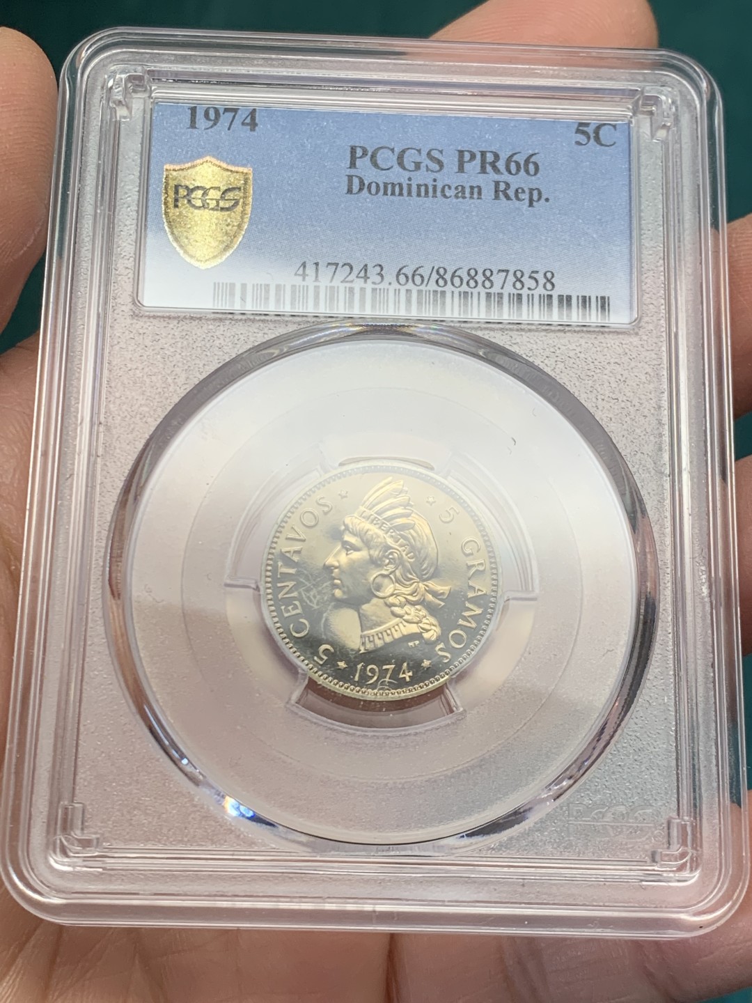 《竞宝斋》第146场-周日，周一 2场 (全场包邮) PCGS评级PR66，1974年多米尼加精制5分铜镍币，铸量仅500，稀见精制版流通币，经典印第安少女设计，五彩包浆未养护原状态