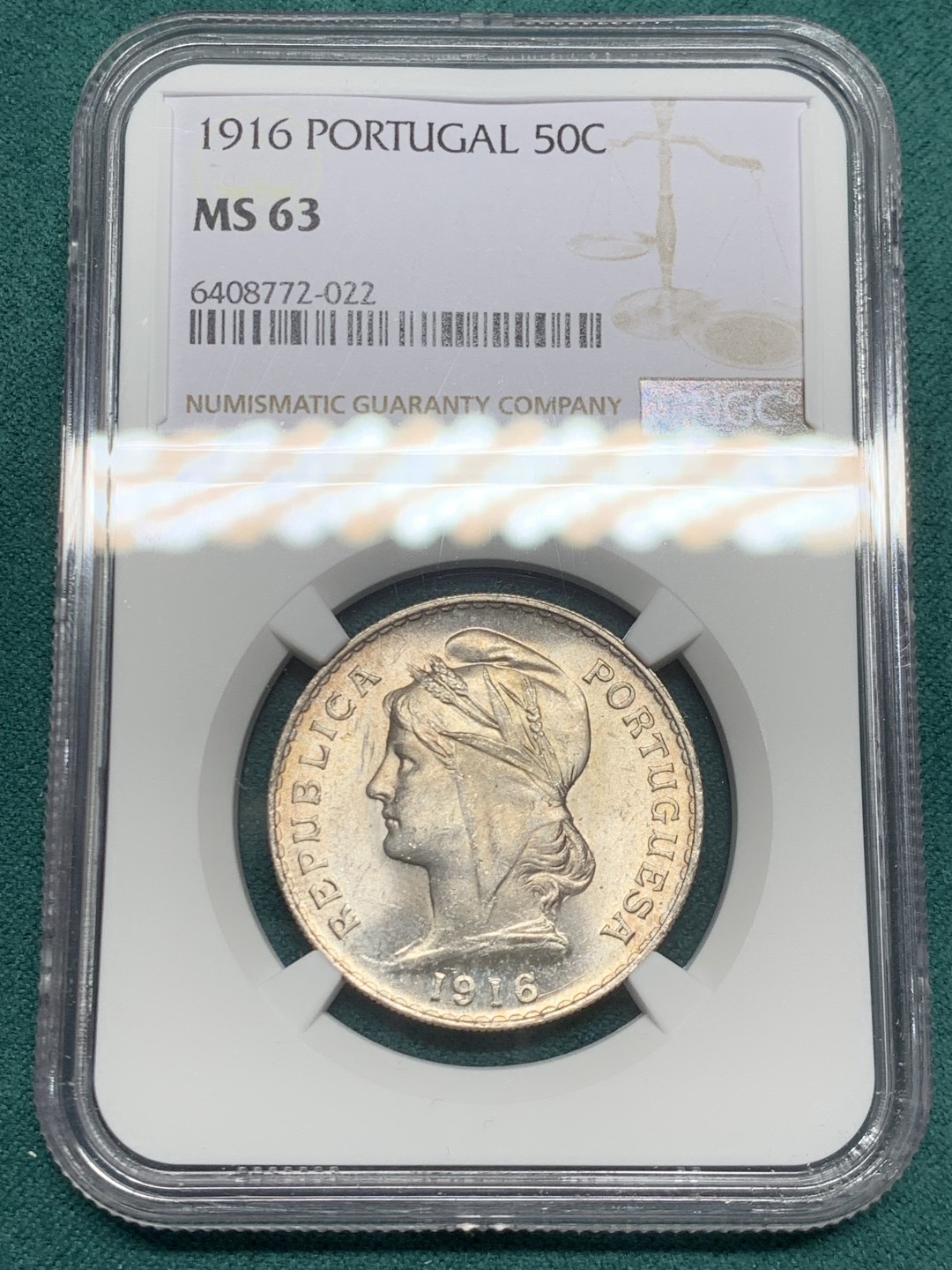 《竞宝斋》第146场-周日，周一 2场 (全场包邮) NGC-MS63 葡萄牙1916年 自由女神半圆 50分银币 顶级曝光品相