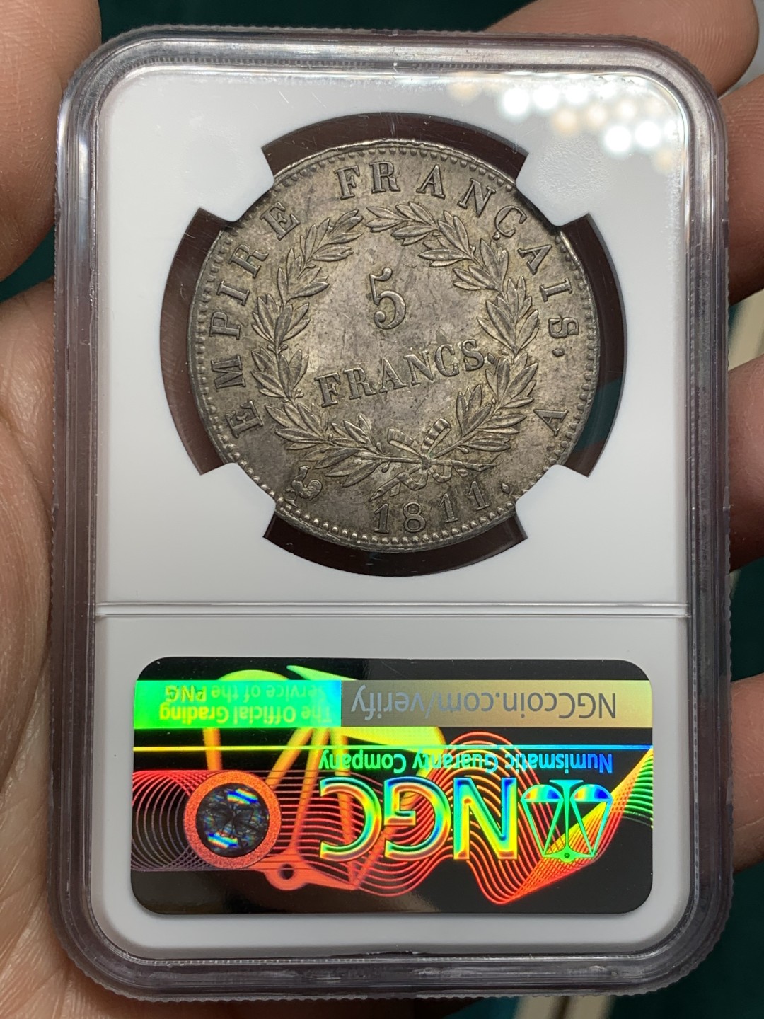 《竞宝斋》第146场-周日，周一 2场 (全场包邮) NGC-AU58 法国1811年拿破仑一世5法郎银币 原味包浆 好味道