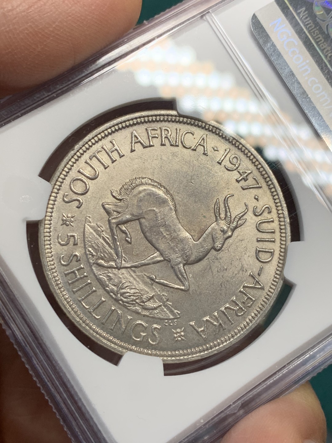 《竞宝斋》第146场-周日，周一 2场 (全场包邮) NGC-MS62 南非1947年 乔六5先令高银大银币 低评