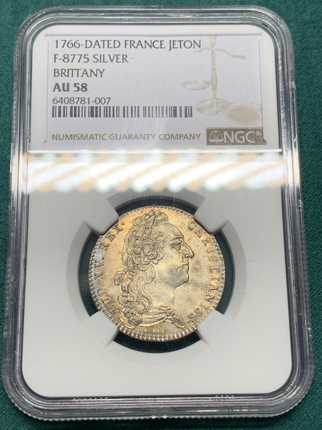 《竞宝斋》第146场-周日，周一 2场 (全场包邮) NGC-AU58 法国1766年路易十六 银质JETON 老包浆带彩 非常漂亮