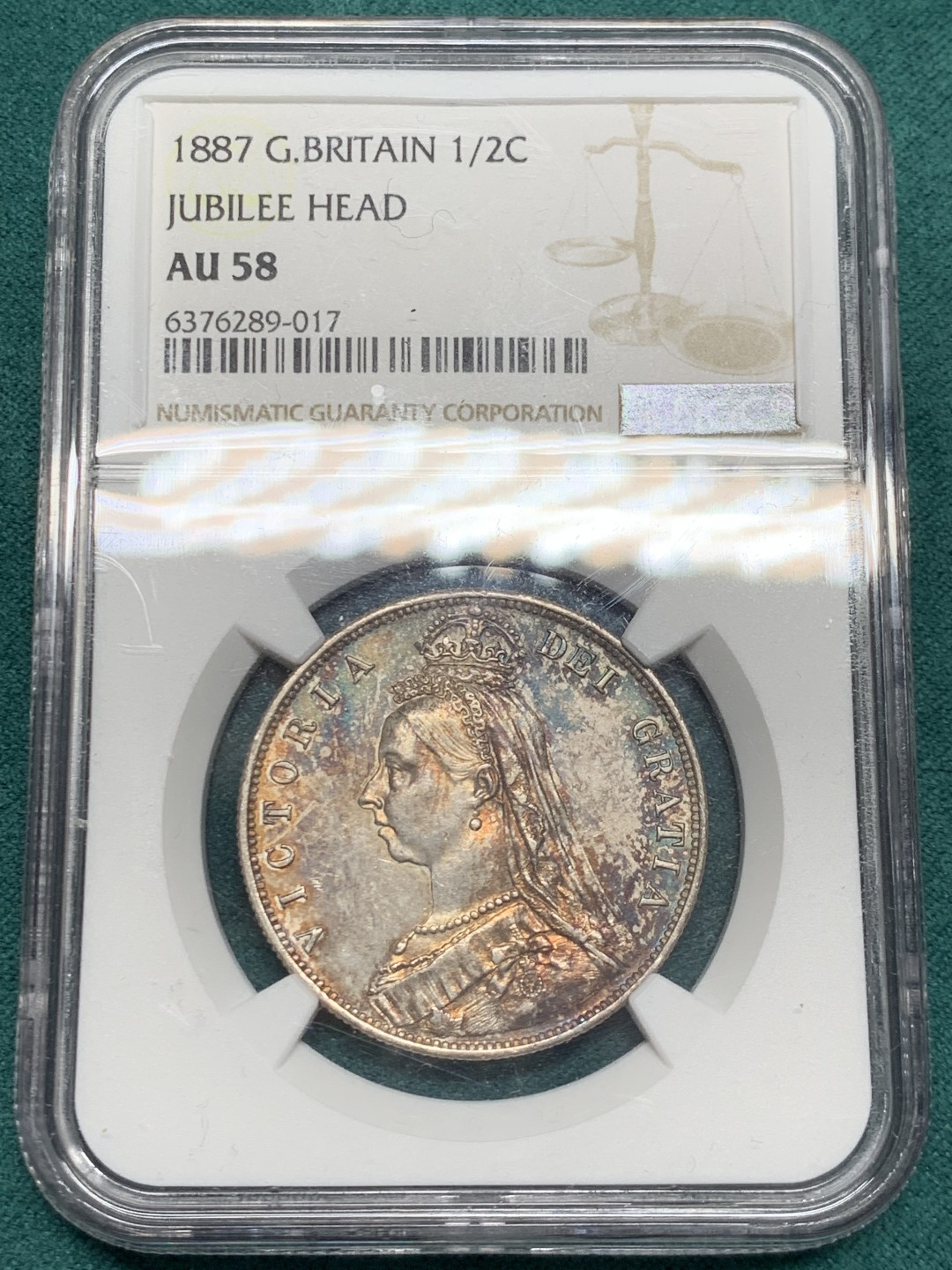 《竞宝斋》第146场-周日，周一 2场 (全场包邮) NGC-AU58 英国1887年维多利亚高冠半克朗 五彩包浆 细节见图