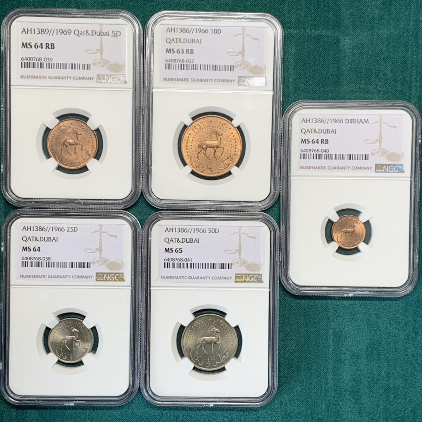 《竞宝斋》第146场-周日，周一 2场 (全场包邮) NGC-MS65/6364/64/64 卡塔尔AH1386年 小鹿五枚一组 铜/镍币 迪拜土豪名誉币