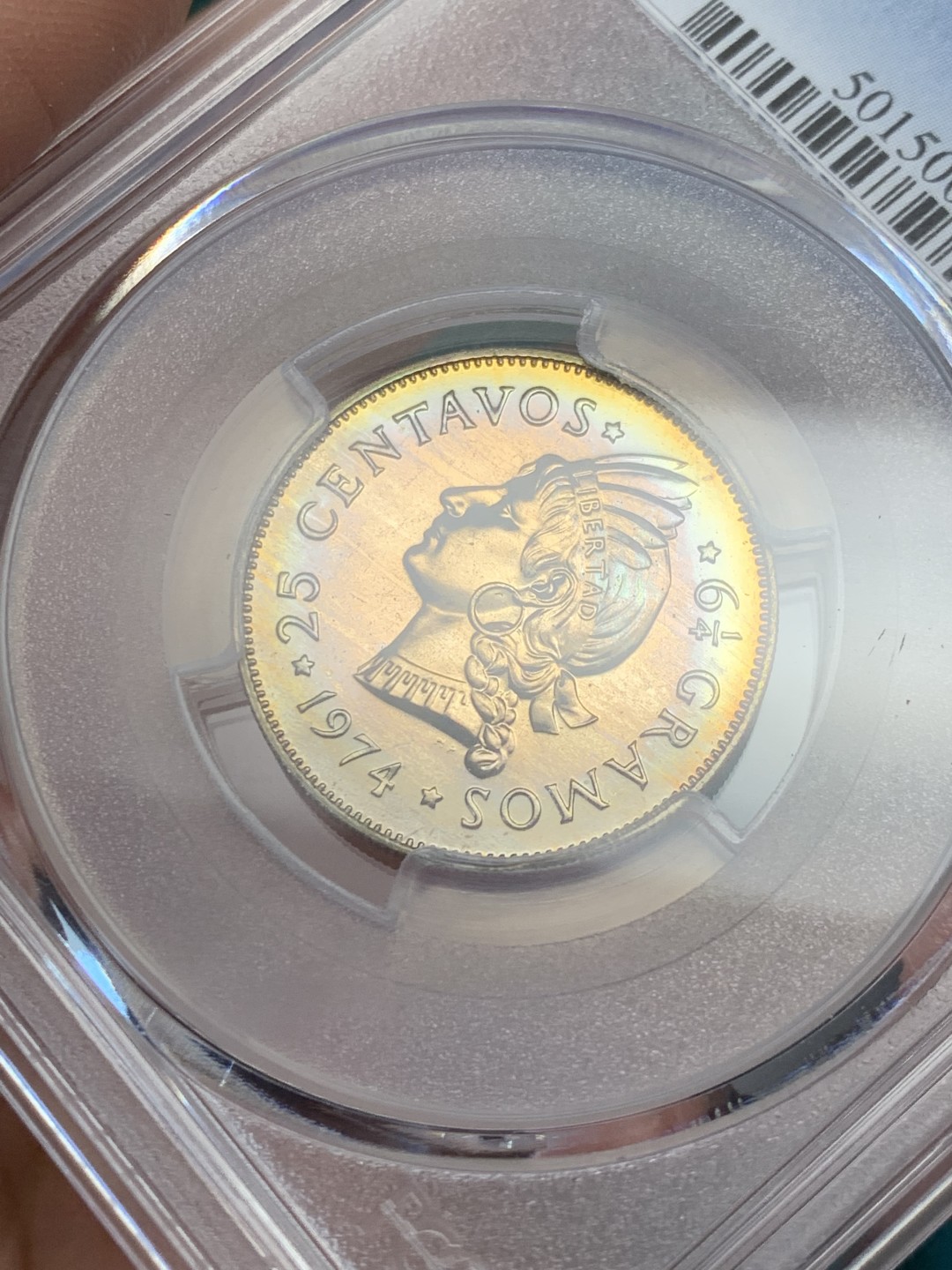 《竞宝斋》第146场-周日，周一 2场 (全场包邮) PCGS评级PR66，1974年多米尼加精制25分铜镍币，铸量仅500，稀见精制版流通币，当年最大面值流通币，五彩包浆未养护原状态。