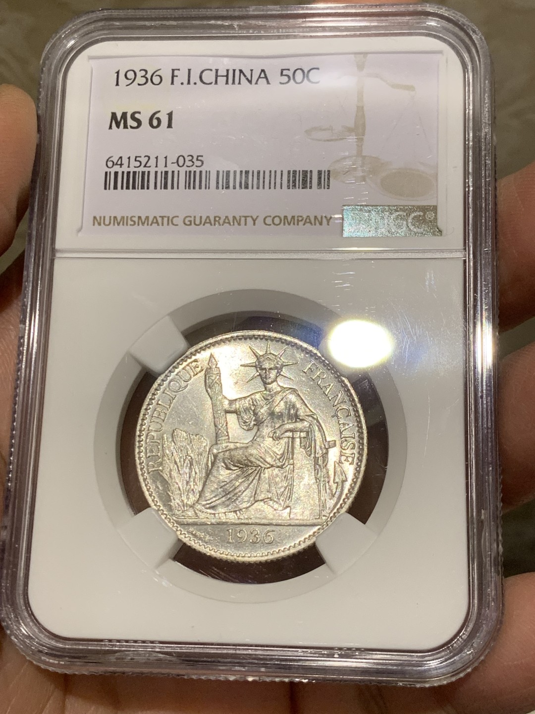 《竞宝斋》第146场-周日，周一 2场 (全场包邮) NGC MS61 1936年法属印支坐洋50分 银币 暴光品质 低评