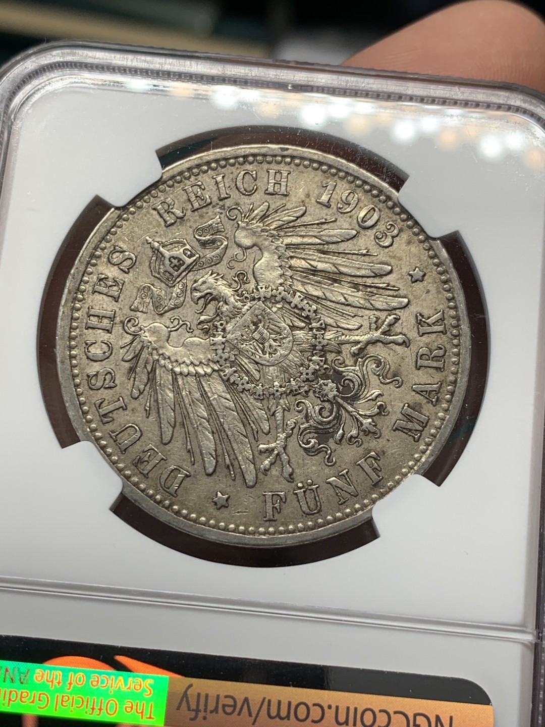 《竞宝斋》第146场-周日，周一 2场 (全场包邮) NGC评级AU55分，1903年德国巴登5马克银币，流通币充分品种，N盒更高分只有7枚。