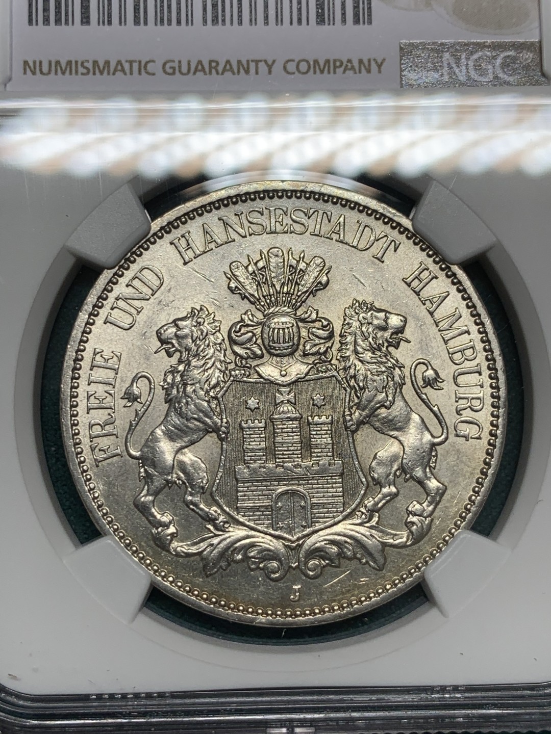 《竞宝斋》第146场-周日，周一 2场 (全场包邮) NGC-AU58 德国汉堡1913年 双狮盾牌 5马克大银币 原光好品